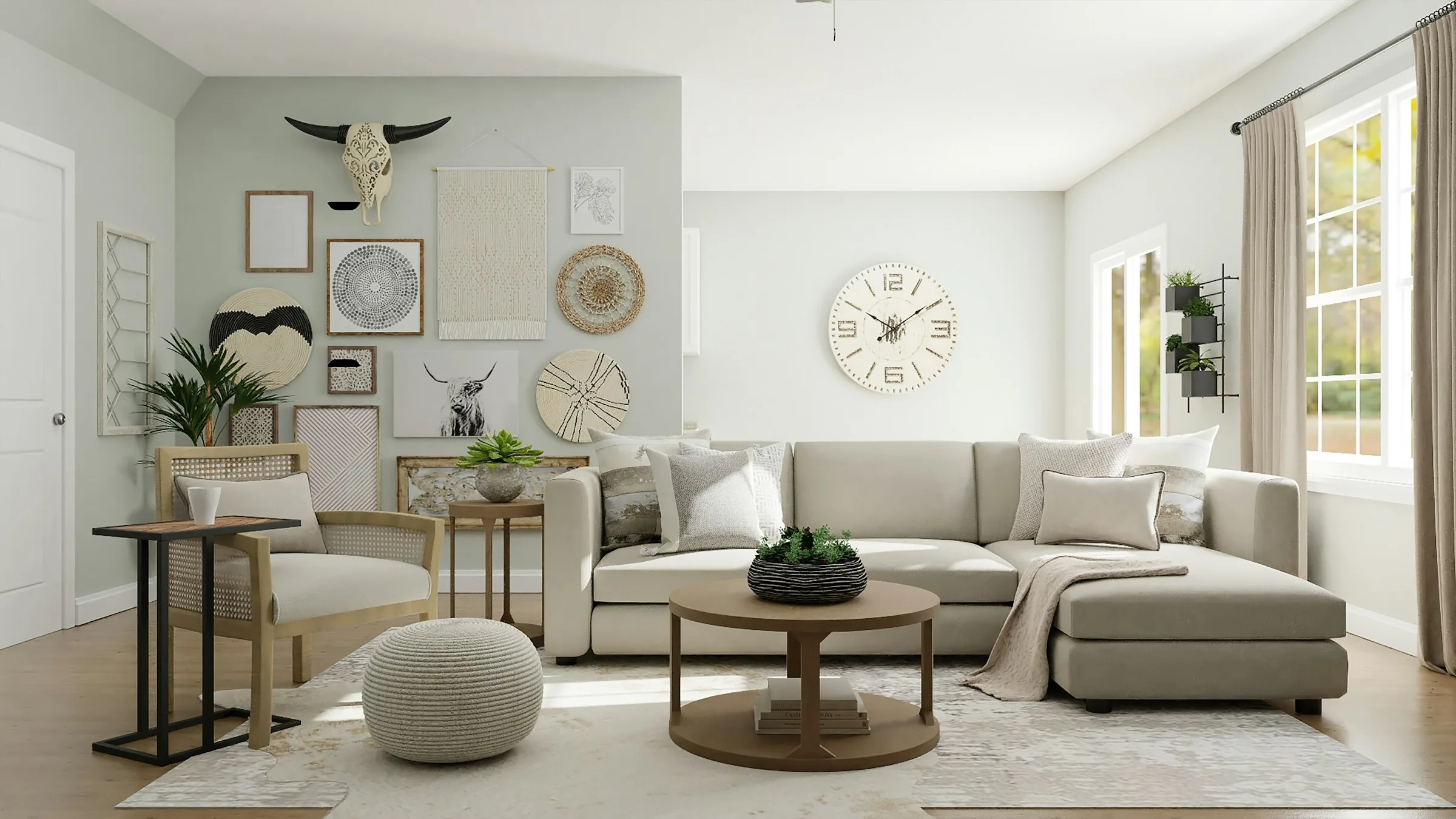 Sunlit modern living room with a cognac leather sofa, round wood coffee table, ceramic vases and warm natural light through tall windows